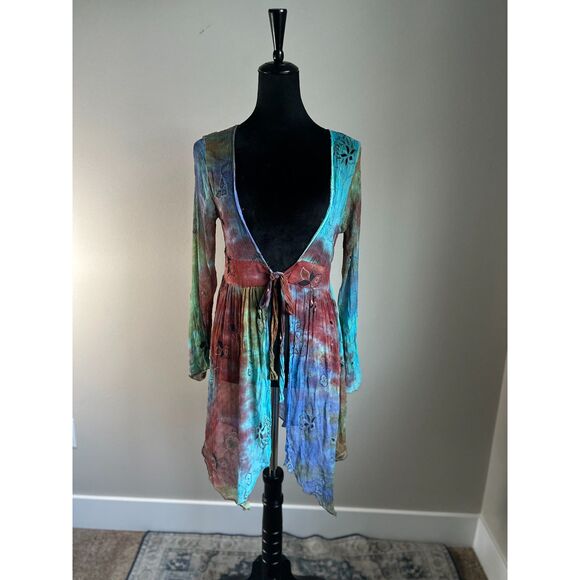 PHOOL Women's Tie Dye Asymmetric Hem Long Sleeve Sheer Cardigan Top Size S - Picture 1 of 10
